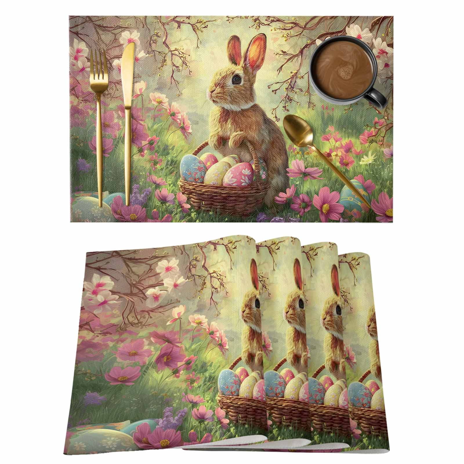 Easter Placemats Set of 1, Spring Rabbit Basket Eggs Pink Floral Grass ...
