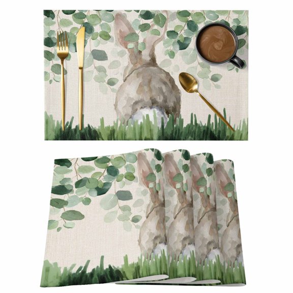 Easter Placemats Set of 12 Country Spring Rabbit Botanical Eucalyptus Leaves Place Mats Indoor Wipeable Table Mats Washable Dining Table Placemats for Kitchen Holiday Party Home Decor 13x19 Inch