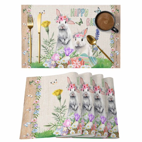 Easter Placemats Set of 12, Farmhouse Bunny Colorful Eggs Flowers Plants Placemats for Dining Table, Place Mats for Kitchen Tabletop, Waterproof Wipeable Dining Table Mats Set