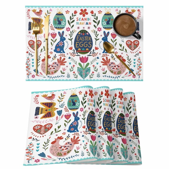 Easter Placemats Set of 12 Farmhouse Rabbits Eggs Flowers Abstract Art Place Mats Indoor Wipeable Table Mats Washable Cloth Dining Table Placemats for Kitchen Holiday Party Home Decor 13x19 Inch