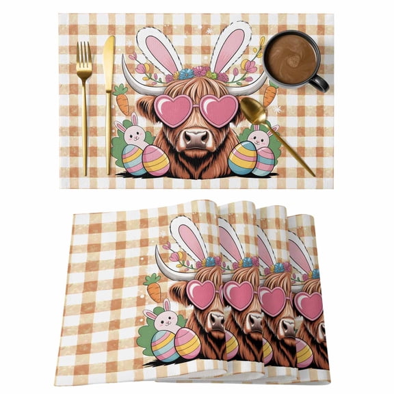 Easter Placemats Set of 12 Farmhouse Spring Bunny Cow Carrots Egg Brown Plaid Place Mats Indoor Wipeable Table Mats Washable Dining Table Placemats for Kitchen Holiday Party Home Decor 13x19 Inch