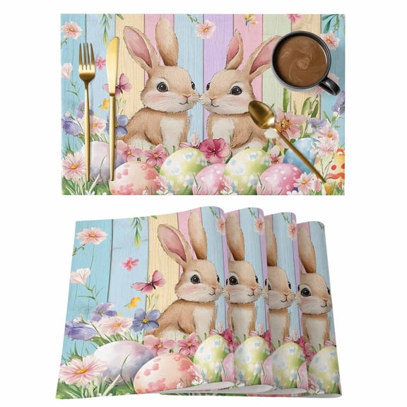 Easter Placemats Set of 12 Spring Bunny Eggs Botanical Floral Wooden Grain Place Mats Indoor Wipeable Table Mats Washable Cloth Dining Table Placemats for Kitchen Holiday Party Home Decor 13x19 Inch