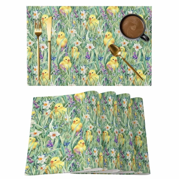 Easter Placemats Set of 12 Spring Chicken Botanical Grasses Flowers Herbs Place Mats Indoor Wipeable Table Mats Washable Cloth Dining Table Placemats for Kitchen Holiday Party Home Decor 13x19 Inch