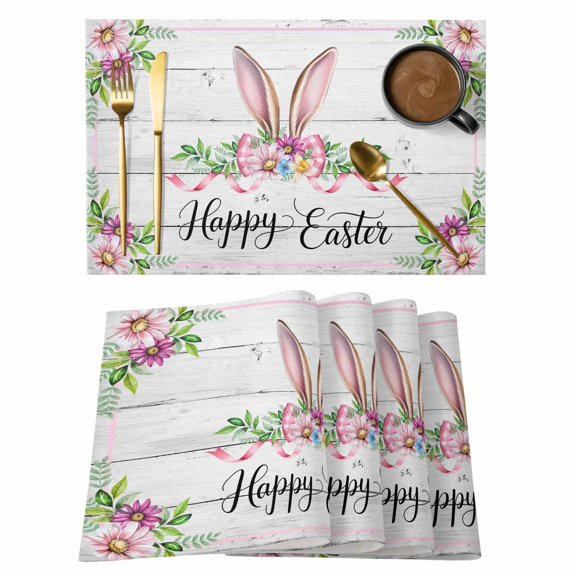Easter Placemats Set of 12, Spring Farmhouse Watercolor Bunny Flower Wood Grain Placemats for Dining Table, Place Mats for Kitchen Tabletop, Waterproof Wipeable Dining Table Mats Set
