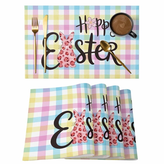 Easter Placemats Set of 12 Spring Leopard Printed Bunny Colorful Striped Place Mats Indoor Wipeable Table Mats Washable Cloth Dining Table Placemats for Kitchen Holiday Party Home Decor 13x19 Inch