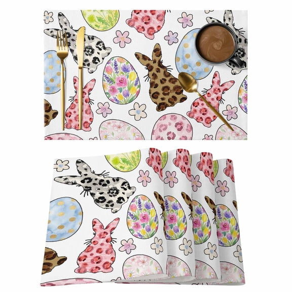 Easter Placemats Set of 12 Spring Leopard Prints Bunny Colorful Eggs Flower Place Mats Indoor Wipeable Table Mats Washable Cloth Dining Table Placemats for Kitchen Holiday Party Home Decor 13x19 Inch