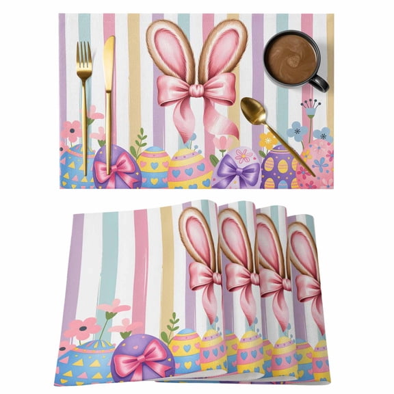Easter Placemats Set of 12 Spring Pink Rabbit Ear Colorful Eggs Stripes Place Mats Indoor Wipeable Table Mats Washable Cloth Dining Table Placemats for Kitchen Holiday Party Home Decor 13x19 Inch