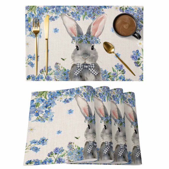 Easter Placemats Set of 12, Spring Rabbit Blue Botanical Flowers Farmhouse Placemats for Dining Table, Place Mats for Kitchen Tabletop, Waterproof Wipeable Dining Table Mats Set