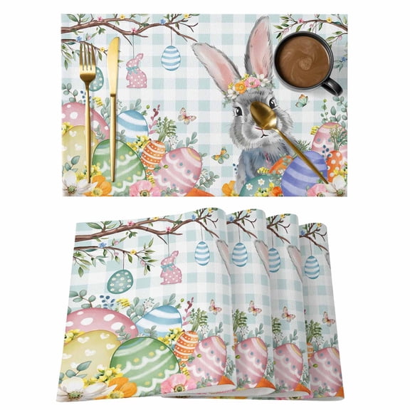 Easter Placemats Set of 12 Spring Rabbit Colorful Eggs Tree Blue White Plaid Place Mats Indoor Wipeable Table Mats Washable Dining Table Placemats for Kitchen Holiday Party Home Decor 13x19 Inch
