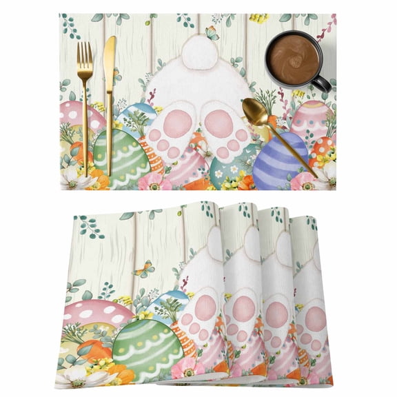 Easter Placemats Set of 12 Spring Rabbit Ears Foot Colorful Eggs Leaf Floral Place Mats Indoor Wipeable Table Mats Washable Dining Table Placemats for Kitchen Holiday Party Home Decor 13x19 Inch
