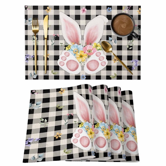 Easter Placemats Set of 12 Spring Rabbits Ears Feet Wildflowers Black Plaid Place Mats Indoor Wipeable Table Mats Washable Cloth Dining Table Placemats for Kitchen Holiday Party Home Decor 13x19 Inch