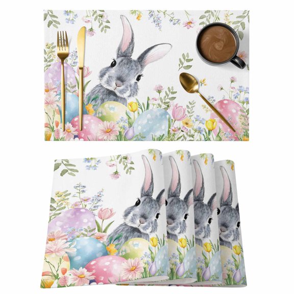Easter Placemats Set of 12 Spring Rustic Botanical Floral Rabbit Eggs Leaves Place Mats Indoor Wipeable Table Mats Washable Dining Table Placemats for Kitchen Holiday Party Home Decor 13x19 Inch