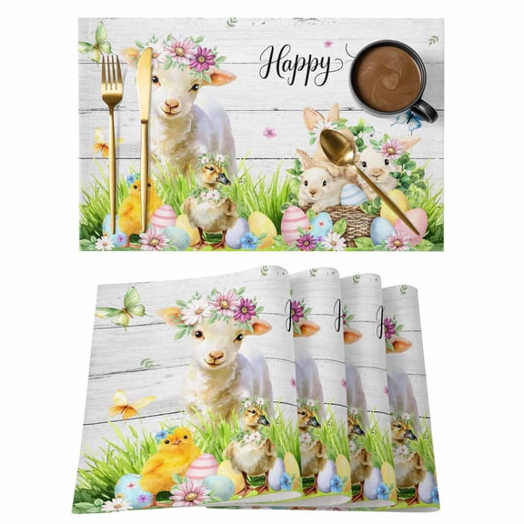Easter Placemats Set of 12 Spring Sheep Bunny Duck Plants Wooden Grain Place Mats Indoor Wipeable Table Mats Washable Cloth Dining Table Placemats for Kitchen Holiday Party Home Decor 13x19 Inch