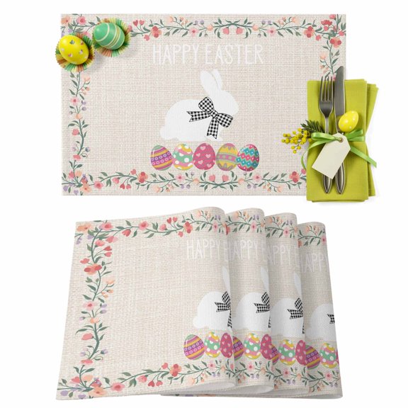 Easter Placemats Set of 4 Bow Knot Bunny Place Mats Spring Placemat Eggs Flower Happy Easter Table Mats for Dining Kitchen Table Holiday Dinner Party Home Easter Decorations 13x19 Inch