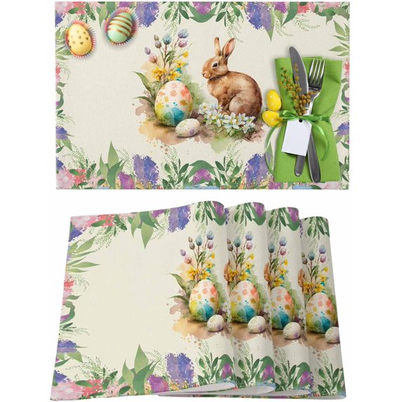 Easter Placemats Set of 4, Brown Bunny Colorful Egg Placemat for Dining Table Decorations, Spring Flowers Leaf Plant Place Mats, Spring Table Mats for Kitchen Dinner Seasonal Holiday Party Decor