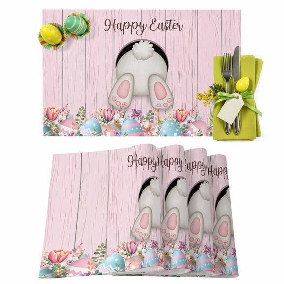 Easter Placemats Set of 4 Bunny Butt Eggs Place Mats Spring Placemat Happy Easter Flower Pink Wood Table Mats for Dining Kitchen Table Holiday Dinner Party Home Easter Decorations 13x19 Inch
