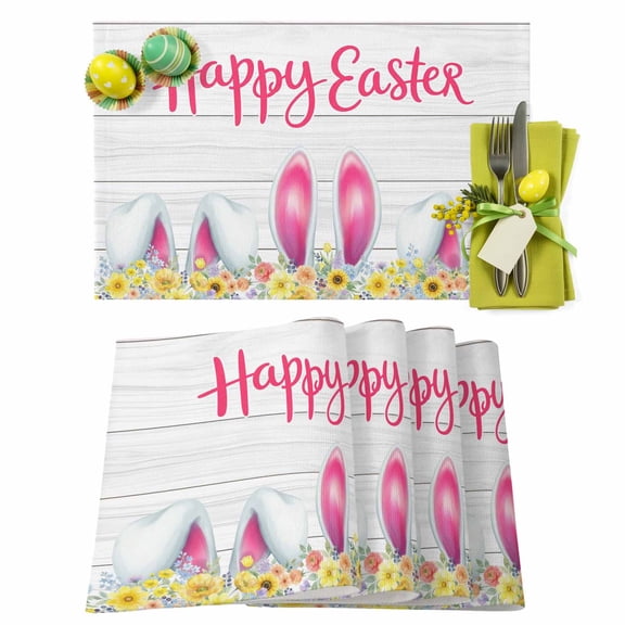 Easter Placemats Set of 4 Bunny Ear Place Mats Spring Placemat Sunflower Rabbit Happy Easter Table Mats for Dining Kitchen Table Holiday Dinner Party Home Easter Decorations 13x19 Inch
