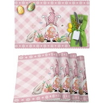 Easter Placemats Set of 4, Bunny Ears Gnomes Placemat for Dining Table Decorations, Easter Eggs Pink Check Plaid Place Mats, Spring Table Mats for Kitchen Dinner Seasonal Holiday Party Decor