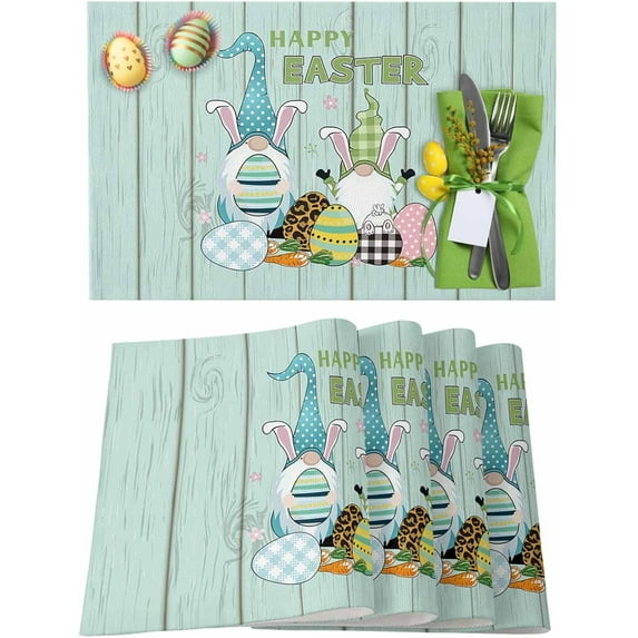 Easter Placemats Set of 4, Bunny Ears Gnomes Placemat for Dining Table Decorations, Easter Eggs Wood Grain Place Mats, Spring Table Mats for Kitchen Dinner Seasonal Holiday Party Decor