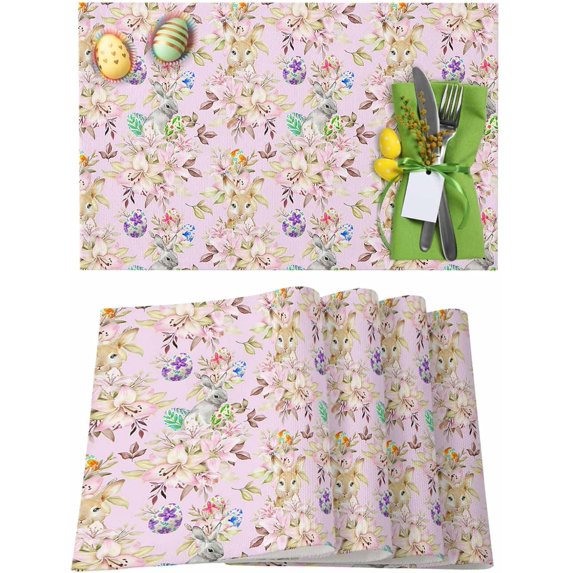 Easter Placemats Set of 4, Bunny Easter Eggs Placemat for Dining Table Decorations, Spring Flowers Place Mats, Spring Table Mats for Kitchen Dinner Seasonal Holiday Party Decor