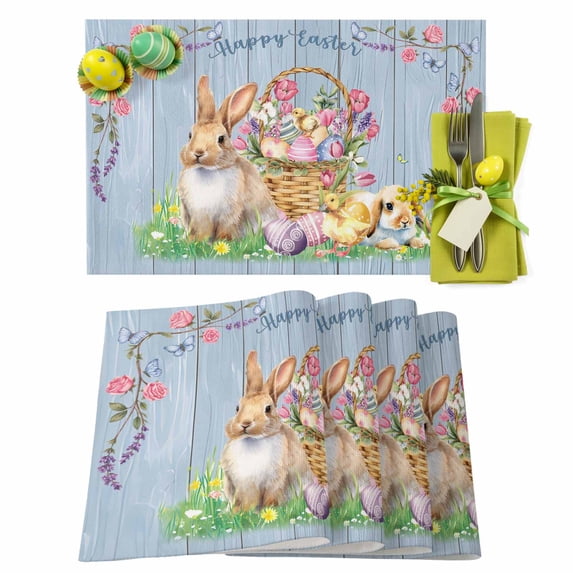Easter Placemats Set of 4 Bunny Eggs Place Mats Spring Placemat Chick Rabbit Flower Basket Blue Wood Table Mats for Dining Kitchen Table Holiday Dinner Party Home Easter Decorations 13x19 Inch