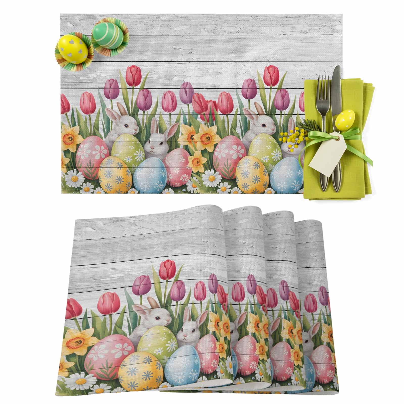 Easter Placemats Set of 4 Bunny Eggs Tulip Place Mats Spring Placemat ...