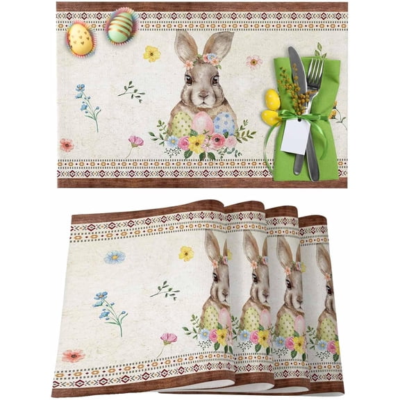 Easter Placemats Set of 4, Bunny Flower Eggs Placemat for Dining Table Decorations, Boho Style Place Mats, Spring Table Mats for Kitchen Dinner Seasonal Holiday Party Decor