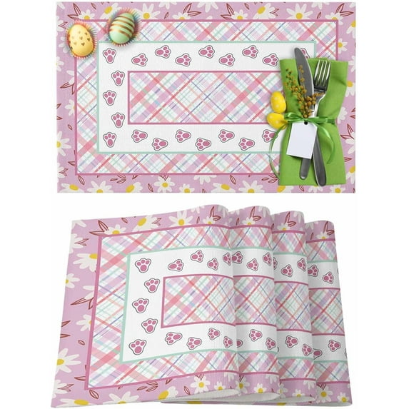 Easter Placemats Set of 4, Bunny Footprints Placemat for Dining Table Decorations, Pink Plaid Spring Flowers Place Mats, Spring Table Mats for Kitchen Dinner Seasonal Holiday Party Decor