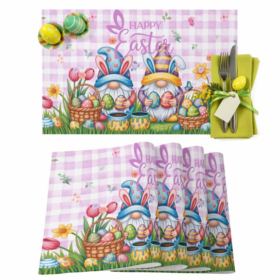 Easter Placemats Set of 4 Bunny Gnome Place Mats Spring Placemat Tulip Flower Purple Plaid Table Mats for Dining Kitchen Table Holiday Dinner Party Home Easter Decorations 13x19 Inch