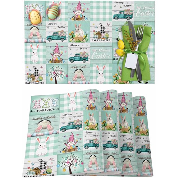 Easter Placemats Set of 4, Bunny Gnome Truck Plaid Placemat for Dining Table Decorations, Easter Eggs Place Mats, Spring Table Mats for Kitchen Dinner Seasonal Holiday Party Decor