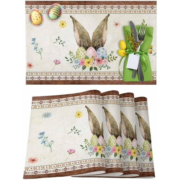 Easter Placemats Set of 4, Bunny Rabbit Ears Eggs Placemat for Dining Table Decorations, Spring Flowers Boho Place Mats, Spring Table Mats for Kitchen Dinner Seasonal Holiday Party Decor