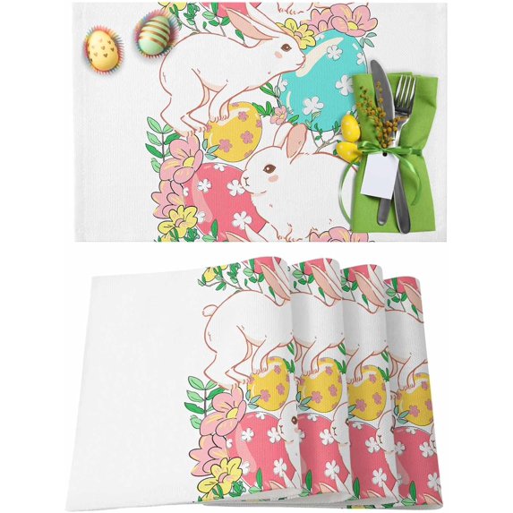 Easter Placemats Set of 4, Bunny Rabbit Eggs Placemat for Dining Table Decorations, Flower Leaves Branch Floral Place Mats, Spring Table Mats for Kitchen Dinner Seasonal Holiday Party Decor