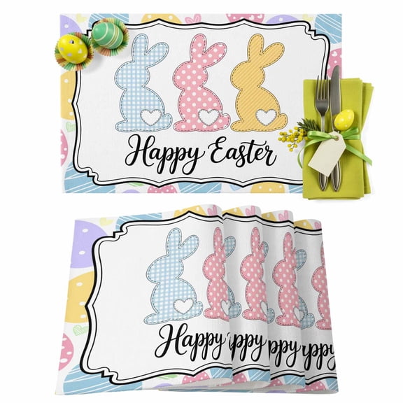 Easter Placemats Set of 4 Colorful Bunny Eggs Place Mats Spring Placemat Rabbit Happy Easter Table Mats for Dining Kitchen Table Holiday Dinner Party Home Easter Decorations 13x19 Inch