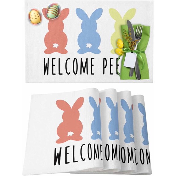 Easter Placemats Set of 4, Cute Bunny Placemat for Dining Table Decorations, Colorful Place Mats, Spring Table Mats for Kitchen Dinner Seasonal Holiday Party Decor