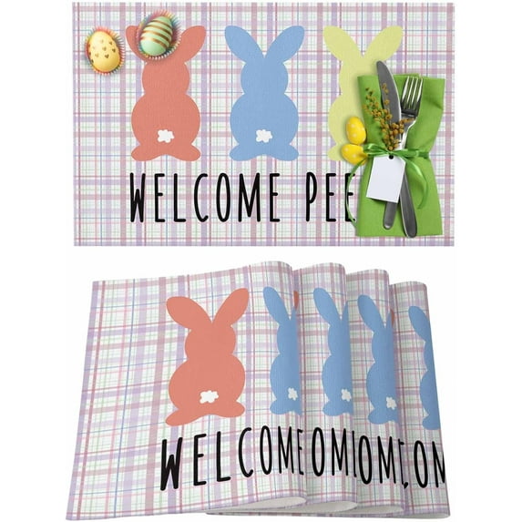 Easter Placemats Set of 4, Cute Bunny Placemat for Dining Table Decorations, Pink Purple Plaid Place Mats, Spring Table Mats for Kitchen Dinner Seasonal Holiday Party Decor