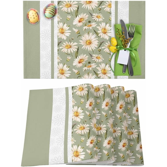 Easter Placemats Set of 4, Daisy Flower Placemat for Dining Table Decorations, Spring Summer Green Place Mats, Spring Table Mats for Kitchen Dinner Seasonal Holiday Party Decor