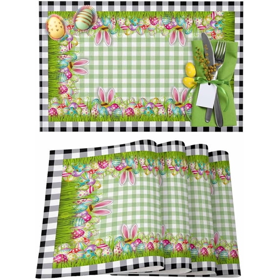 Easter Placemats Set of 4, Easter Eggs Flower Green Grass Placemat for Dining Table Decorations, Buffalo Plaid Place Mats, Spring Table Mats for Kitchen Dinner Seasonal Holiday Party Decor