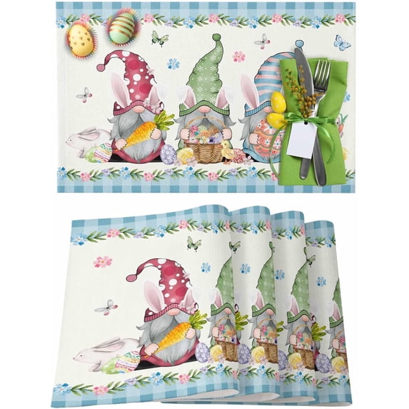 Easter Placemats Set of 4, Easter Eggs Gnome Bunny Placemat for Dining Table Decorations, Buffalo Plaid Place Mats, Spring Table Mats for Kitchen Dinner Seasonal Holiday Party Decor