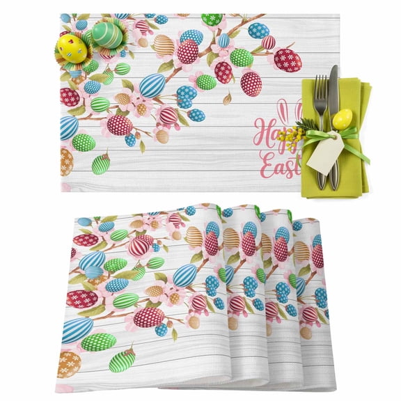 Easter Placemats Set of 4 Easter Eggs Tree Branches Place Mats Spring Placemat Happy Easter Wood Grain Table Mats for Dining Kitchen Table Holiday Dinner Party Home Easter Decorations 13x19 Inch