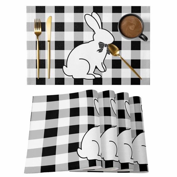 Easter Placemats Set of 4 Farmhouse Bow Bunny Black White Buffalo Plaid Place Mats Indoor Wipeable Table Mats Washable Cloth Dining Table Placemats for Kitchen Holiday Party Home Decor 13x19 Inch