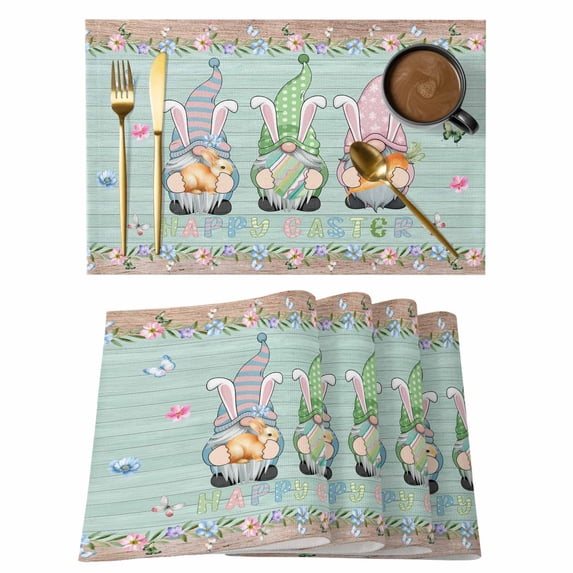 Easter Placemats Set of 4, Farmhouse Gnomes Rabbits Eggs Wooden Grain Placemats for Dining Table, Place Mats for Kitchen Tabletop, Waterproof Wipeable Dining Table Mats Set