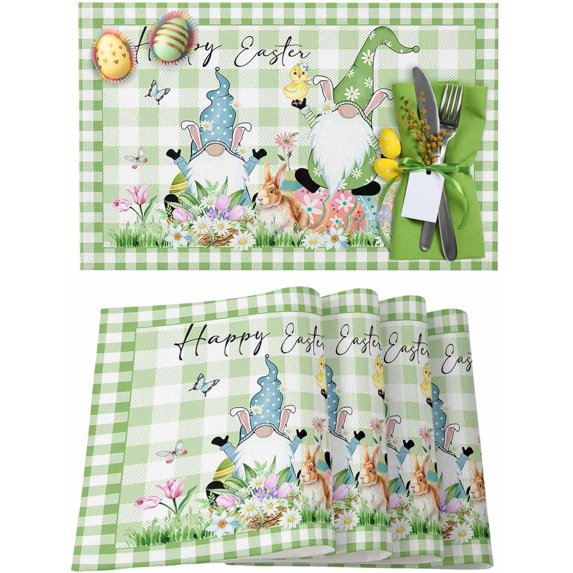 Easter Placemats Set of 4, Gnome Easter Eggs Bunny Placemat for Dining Table Decorations, Green Buffalo Plaid Place Mats, Spring Table Mats for Kitchen Dinner Seasonal Holiday Party Decor