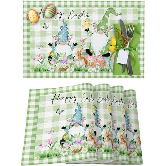 Easter Placemats Set of 4, Gnome Easter Eggs Bunny Placemat for Dining Table Decorations, Green Buffalo Plaid Place Mats, Spring Table Mats for Kitchen Dinner Seasonal Holiday Party Decor