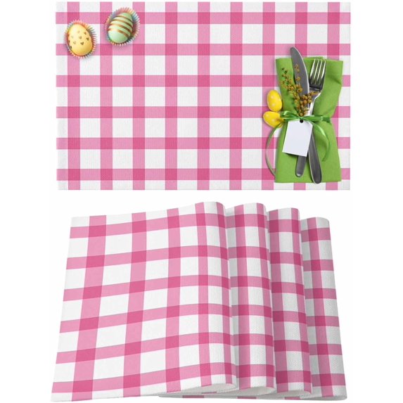 Easter Placemats Set of 4, Pink Check Plaid Placemat for Dining Table Decorations, Buffalo Farmhouse Style Pattern Place Mats, Spring Table Mats for Kitchen Dinner Seasonal Holiday Party Decor
