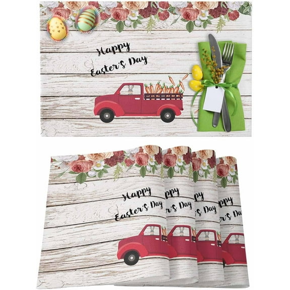 Easter Placemats Set of 4, Red Truck with Carrot Placemat for Dining Table Decorations, Rose Blossom Bunny Wood Grain Place Mats, Spring Table Mats for Kitchen Dinner Seasonal Holiday Party Decor