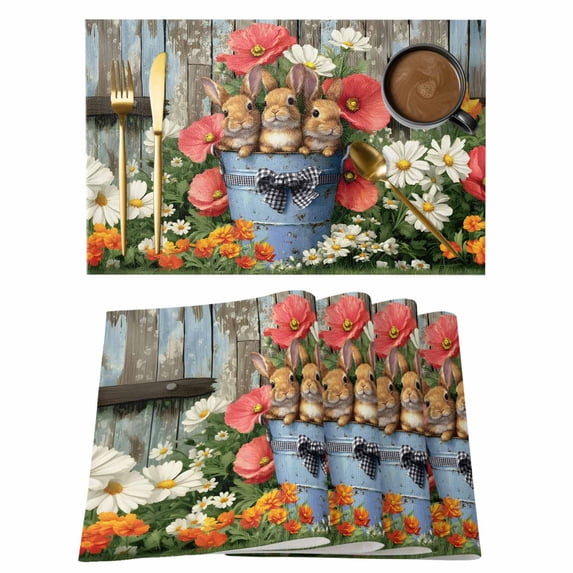 Easter Placemats Set of 4 Retro Spring Rabbit Flowers Plants Wooden Plank Place Mats Indoor Wipeable Table Mats Washable Cloth Dining Table Placemats for Kitchen Holiday Party Home Decor 13x19 Inch