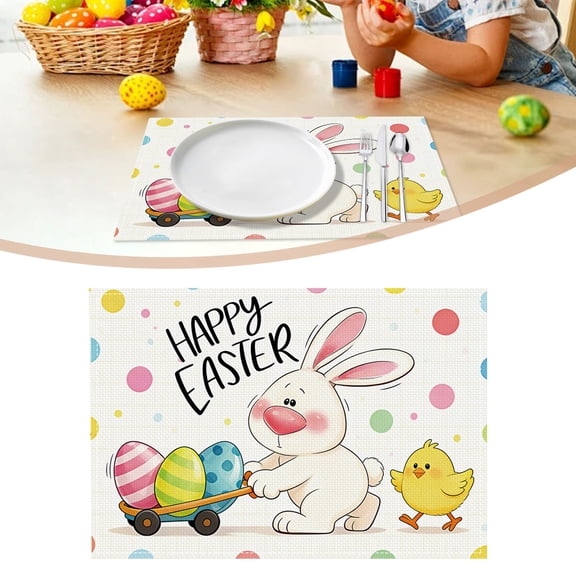 Easter Placemats Set of 4 Spring Bunny Rabbits Flowers Place Mat 12x18 Inch Colorful Eggs Tree Floral Table Mats Washable Resistance for Party Kitchen Dining Holiday Decor Style B