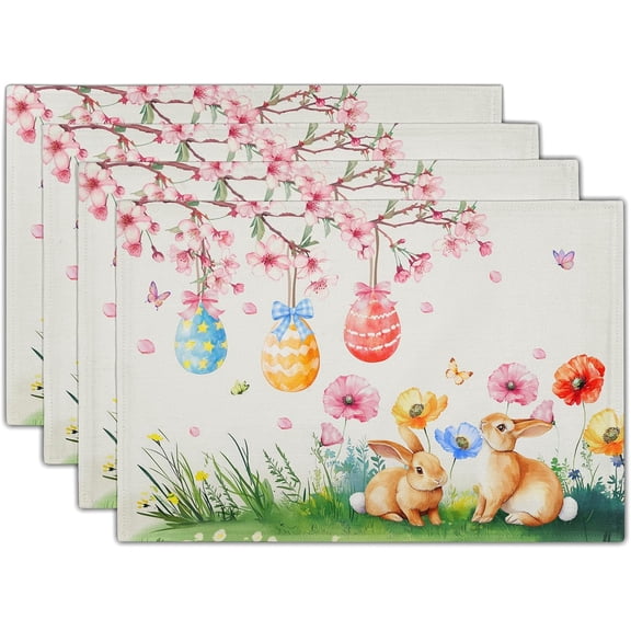 Easter Placemats Set of 4 Spring Bunny Rabbits Flowers Place Mat 12x18 Inch Colorful Eggs Tree Floral Table Mats Washable Satin Resistance for Party Kitchen Dining Holiday Decor