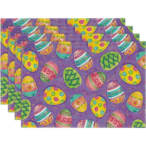 Easter Placemats Set of 4 Spring Colorful Easter Egg Floral Washable Non-Slip Heat Resistant Place Mats 12x18 Inch Rustic Linen Table Mats for Kitchen Dining Party Decor