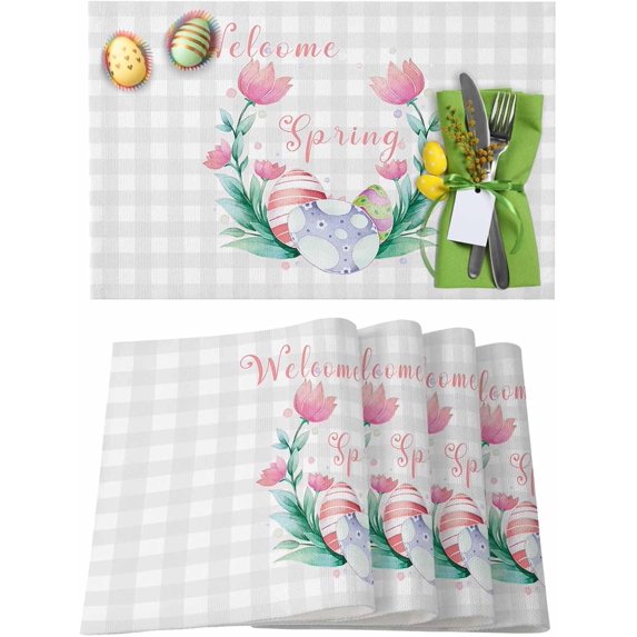 Easter Placemats Set of 4, Spring Flower Easter Placemat for Dining Table Decorations, Buffalo Checked Grey White Place Mats, Spring Table Mats for Kitchen Dinner Seasonal Holiday Party Decor